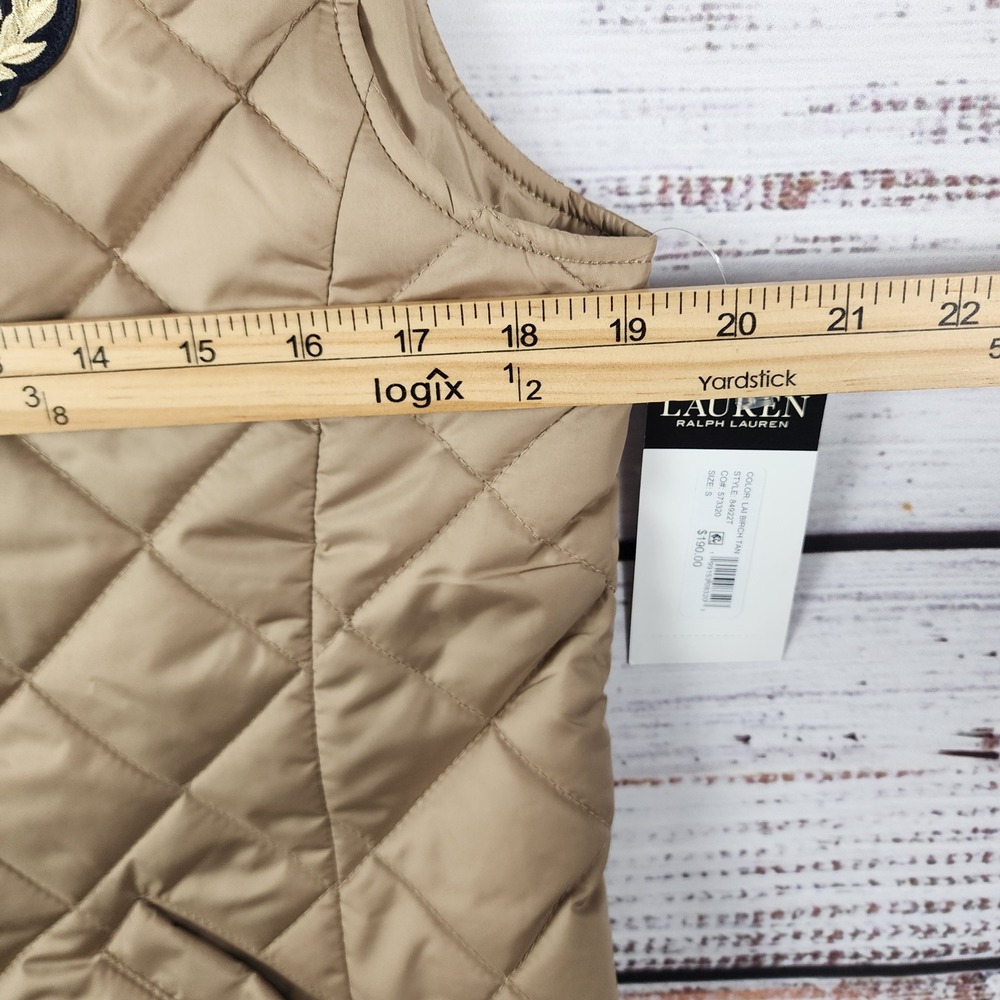 NWT Lauren Ralph Lauren Quilted Vest Small Petite Regular Birch Tan Crest Patch - Picture 10 of 12